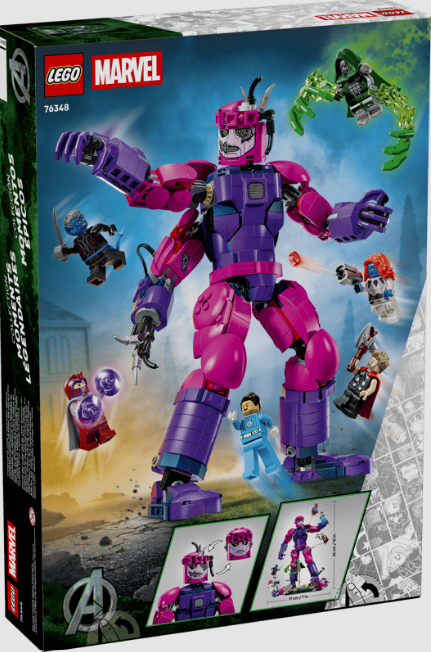 Lego Marvel-Set Box mit einer großen pink-violetten Roboterfigur und mehreren kleinen Superhelden-Figuren.