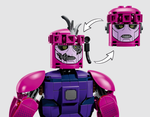 Lego-Figur mit violettem Körper und einem Kopf, der zwischen zwei Gesichtern wechselt.