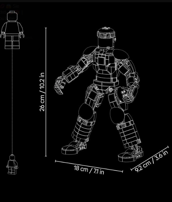 Linienzeichnung einer großen Lego-Roboterfigur mit Maßangaben vor schwarzem Hintergrund.