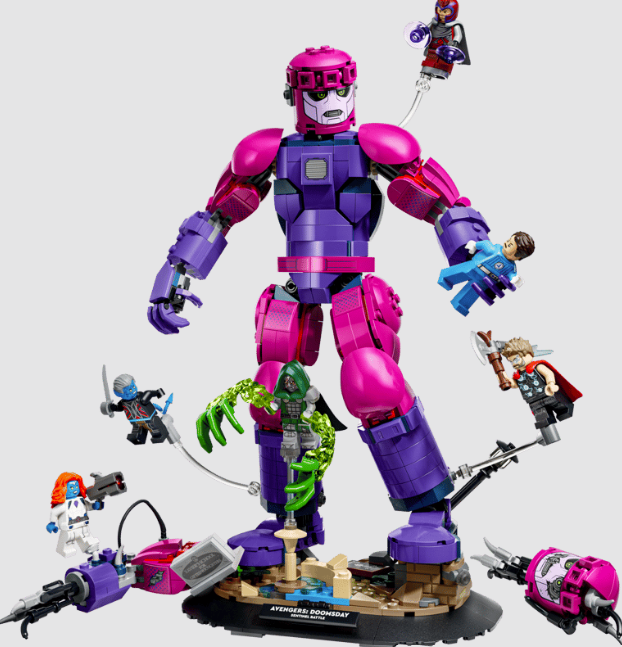 Lego Marvel Set mit einer großen rosa und violetten Roboterfigur und mehreren Minifiguren auf grauem Grund.