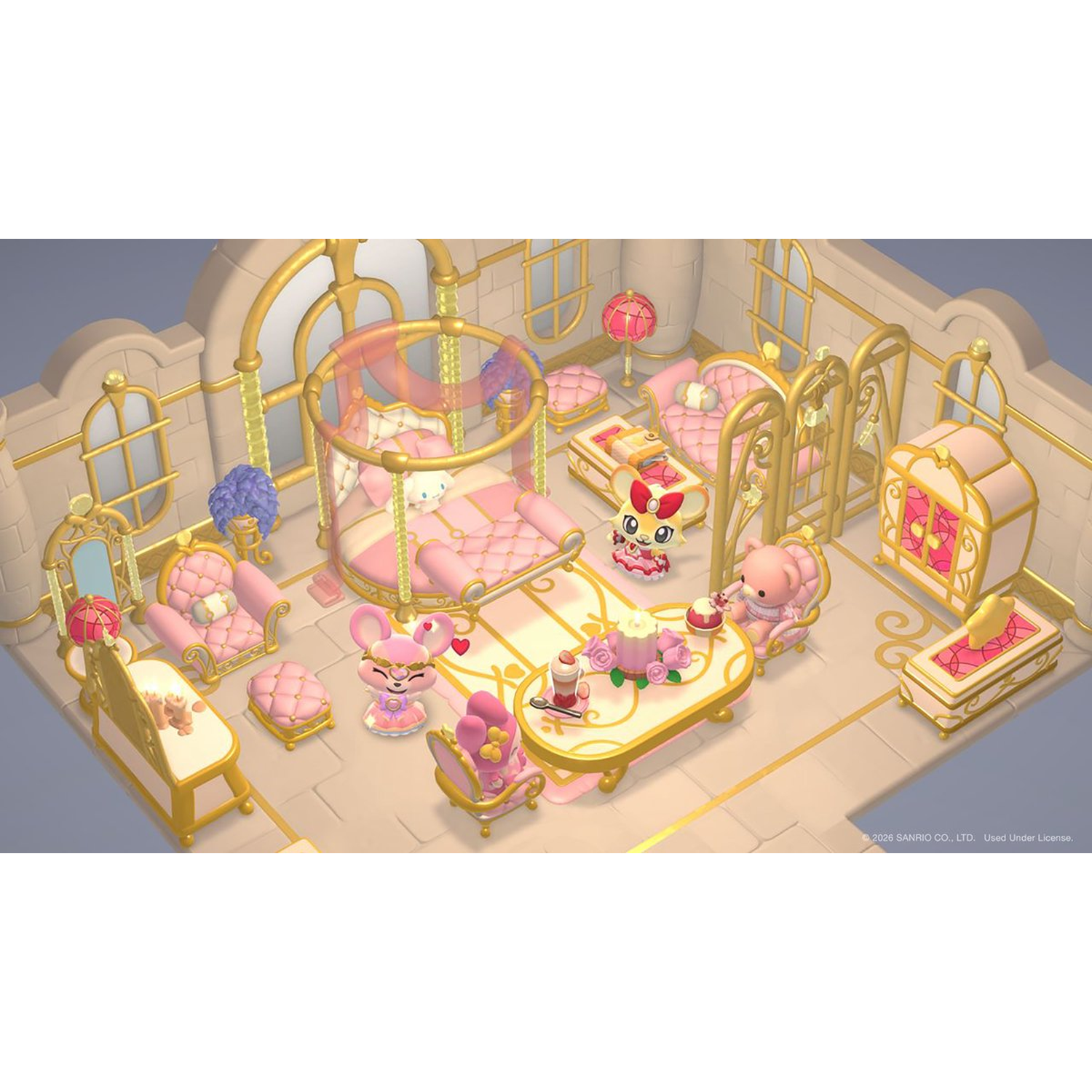 A luxurious pink room with gold accents, furniture, a canopied bed, and cute characters.