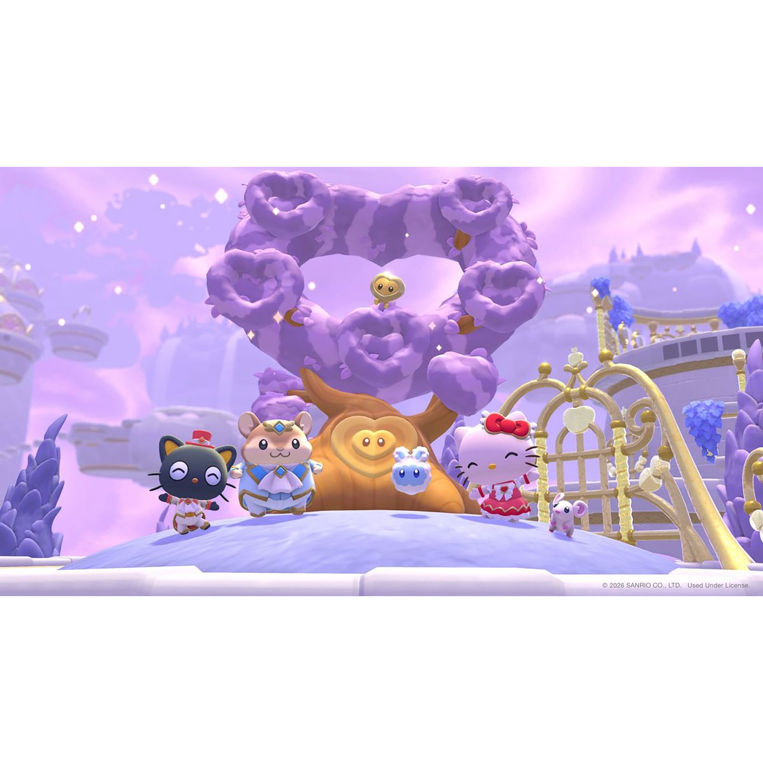Hello Kitty and other characters pose in front of a large tree with purple foliage in a dreamscape.