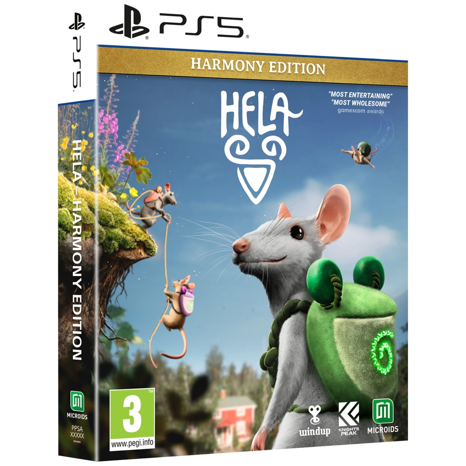 PS5 game cover for Hela Harmony Edition featuring a white mouse with a green backpack and mice climbing a cliff.