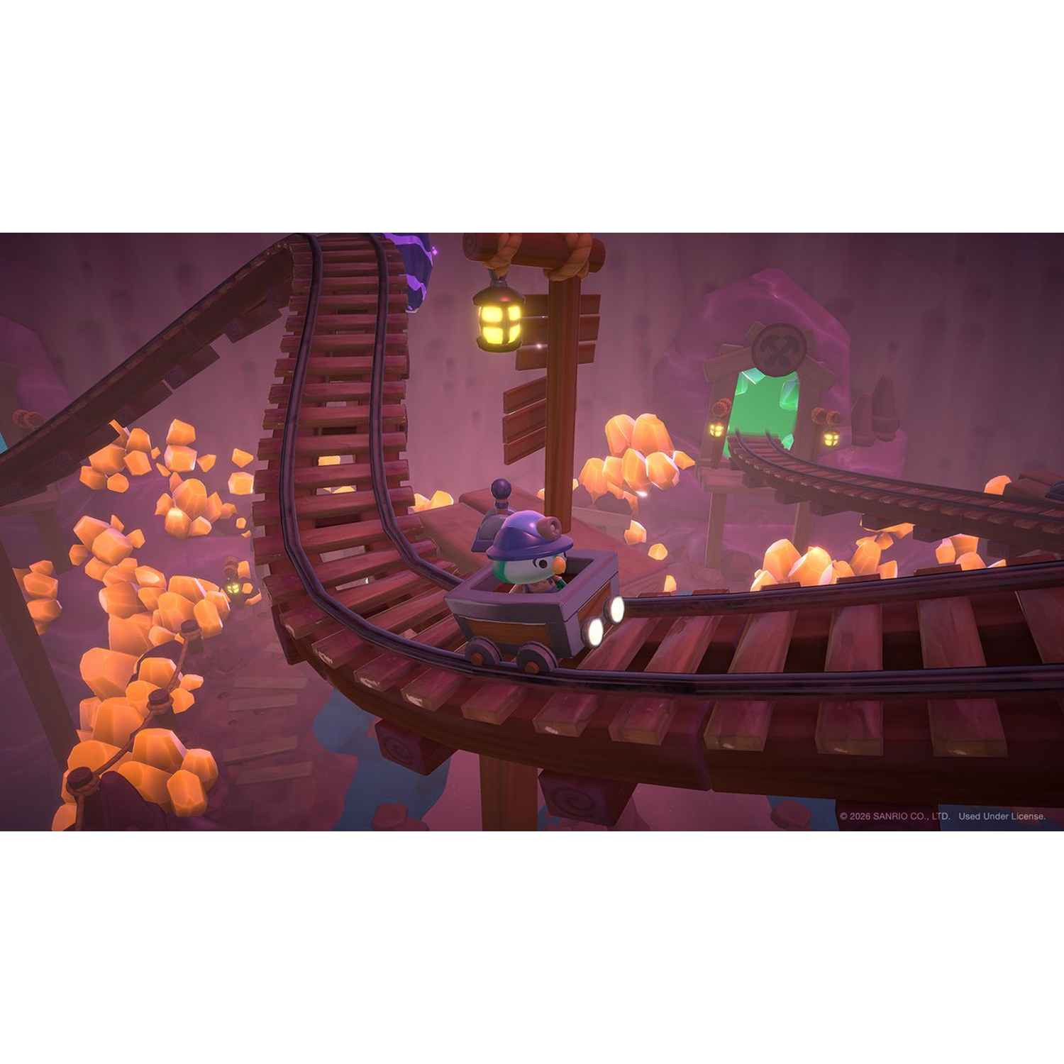 A character in a minecart rides through an underground cave system with glowing crystals and wooden tracks.