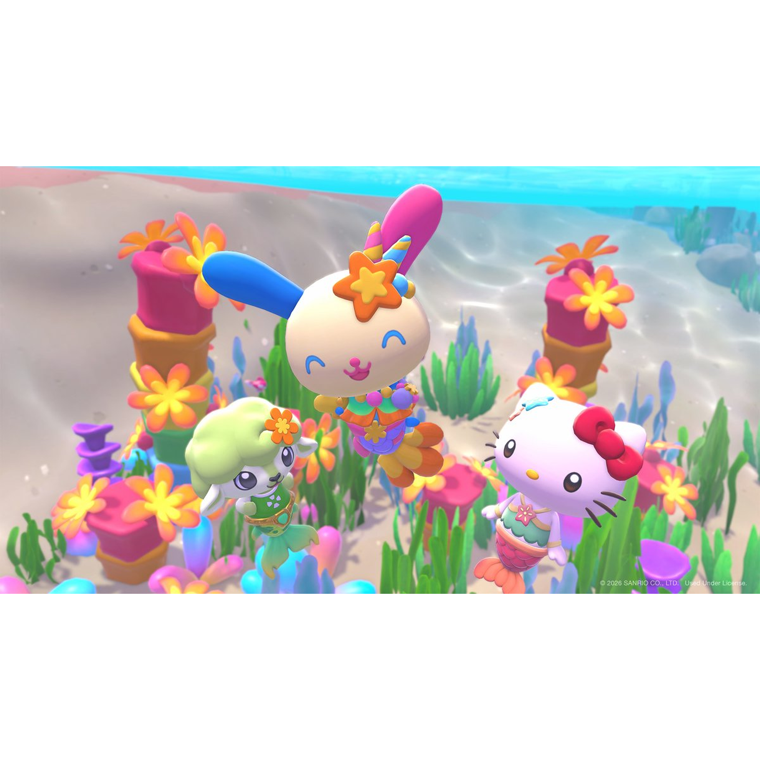 Hello Kitty and friends as mermaids swimming in a colorful underwater coral reef.