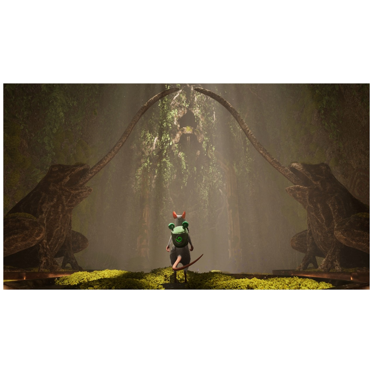 A small rat with a backpack stands facing two large frog statues in a mysterious cave.