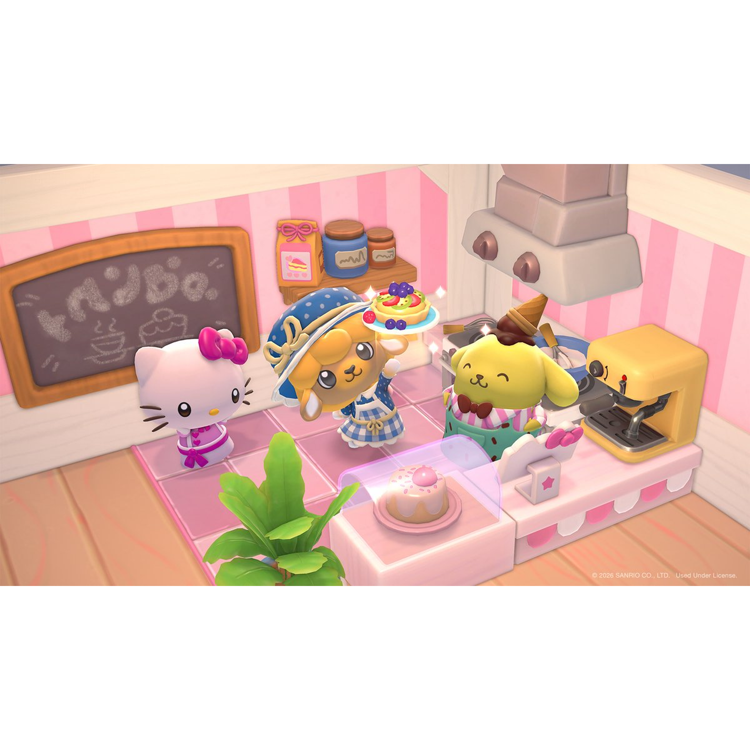 Hello Kitty and friends in a colorful pink bakery, holding a fruit tart near a coffee machine.
