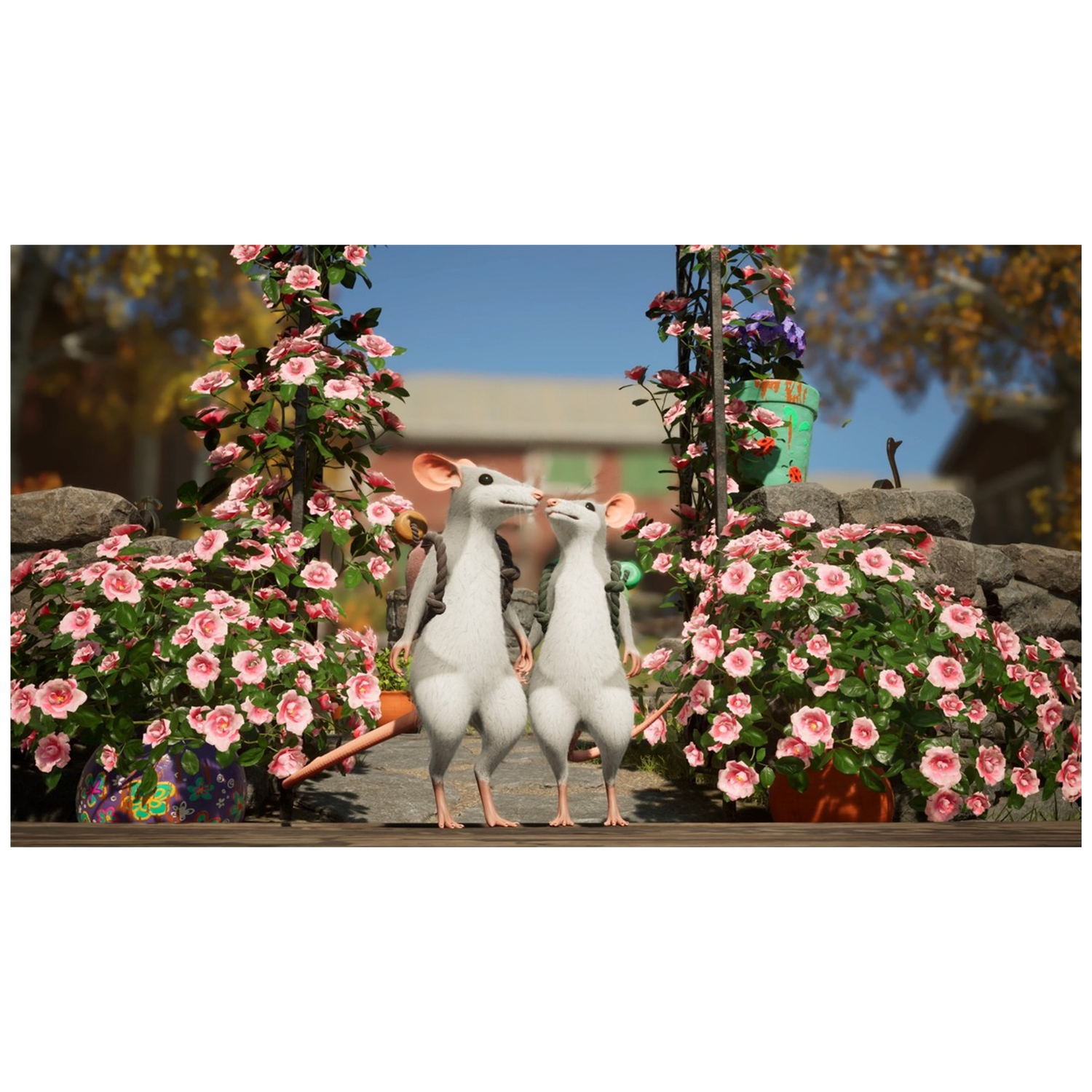 Two white mice stand upright outdoors, surrounded by lush pink rose bushes and stone garden walls.