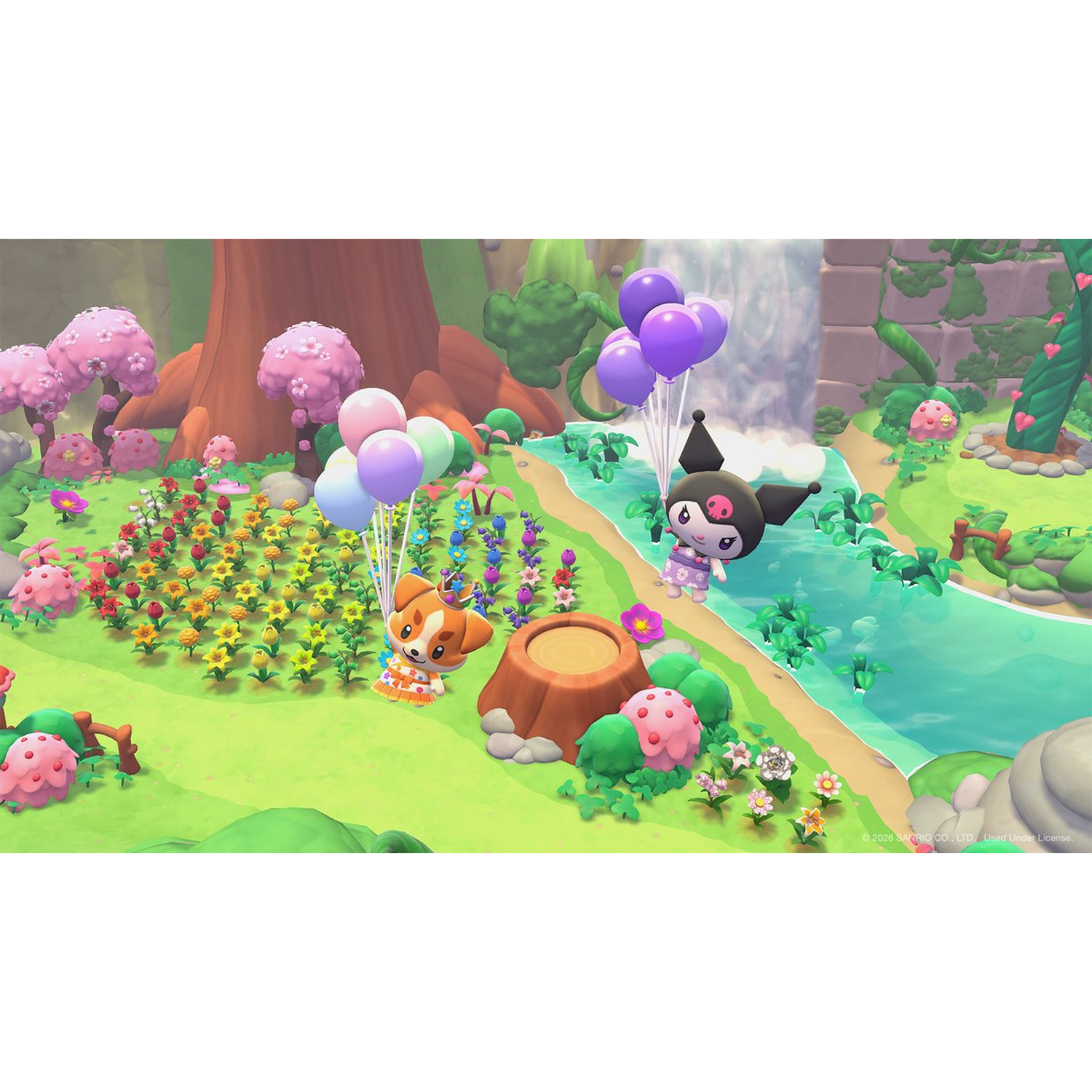 A corgi and Kuromi hold balloons in a lush, colorful garden with a river, waterfall, and flower beds.