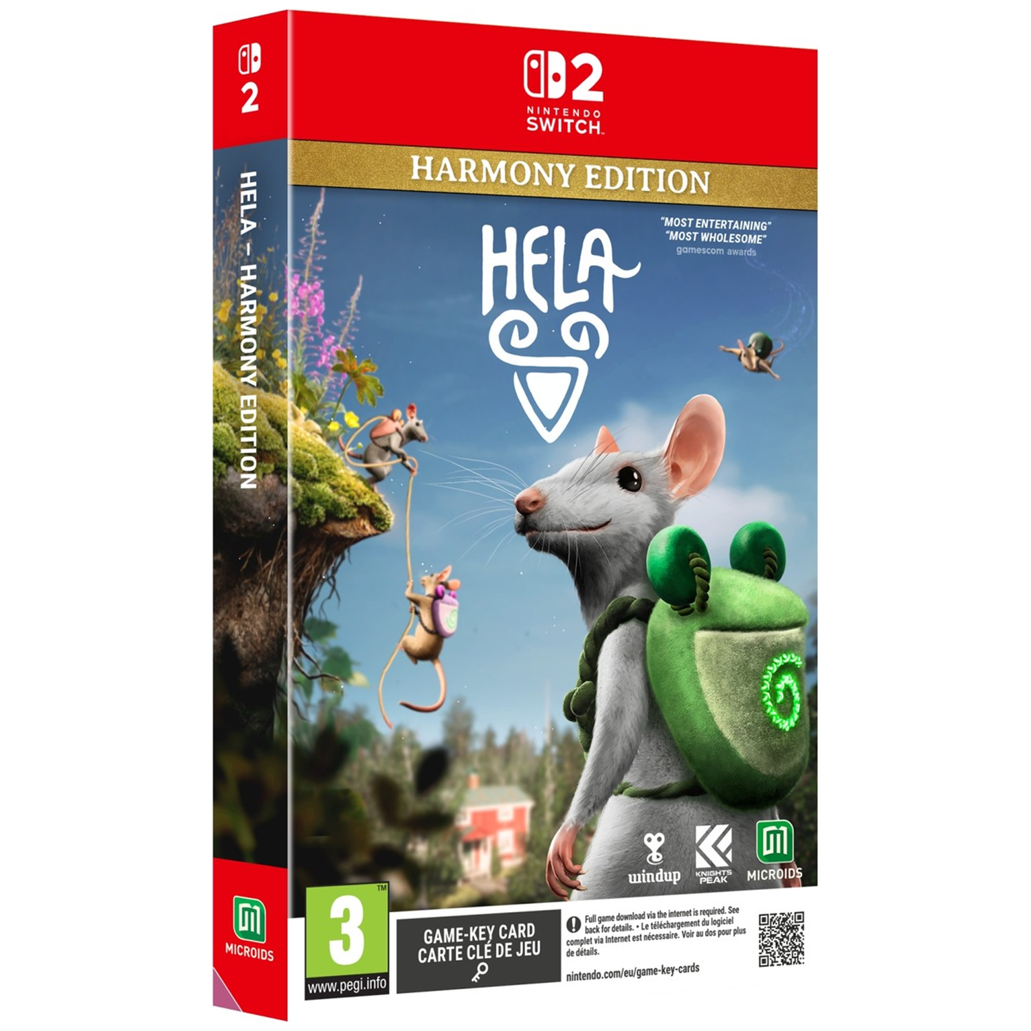 Nintendo Switch game case featuring a cute mouse with a green backpack, titled Hela Harmony Edition.