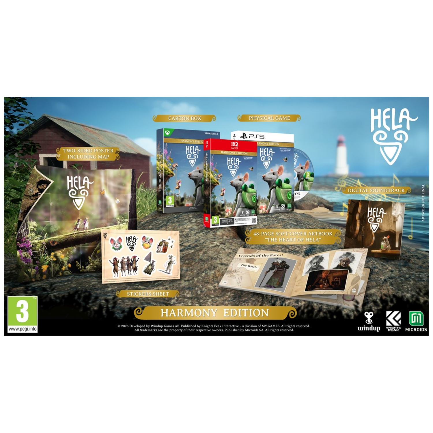 The image shows the physical contents of the Hela Harmony Edition, including games, posters, and artbooks.