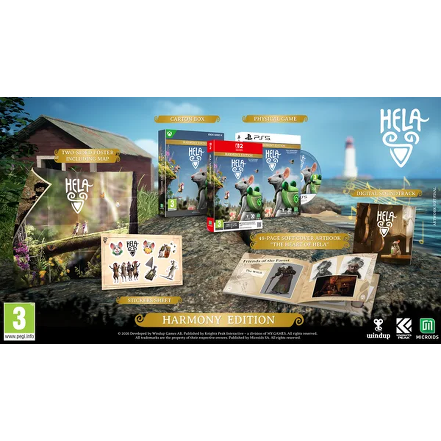 The Hela Harmony Edition includes a game box, artbook, poster, stickers, and soundtrack on a coastal background.