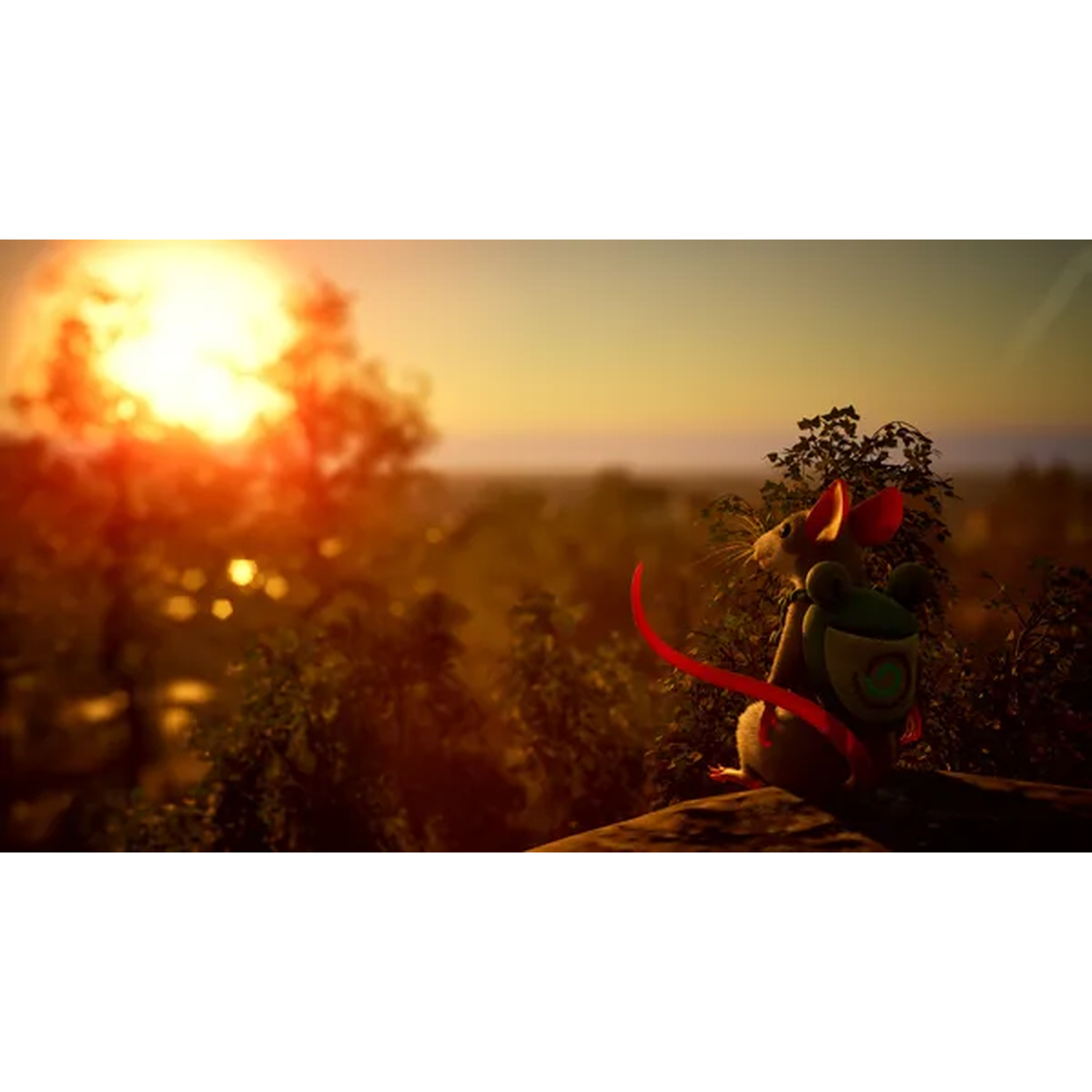 A small mouse with a backpack looks at a sunset over a distant landscape from a high viewpoint.