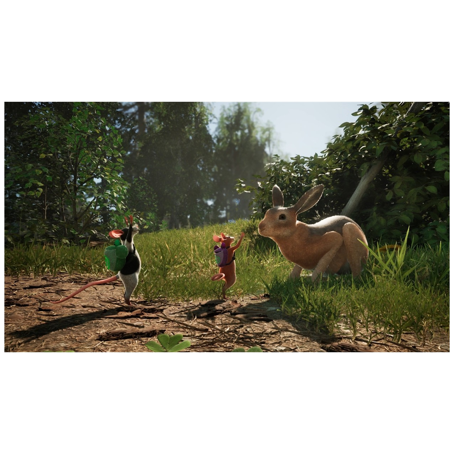 Two small mice with backpacks stand before a large hare in a forest.