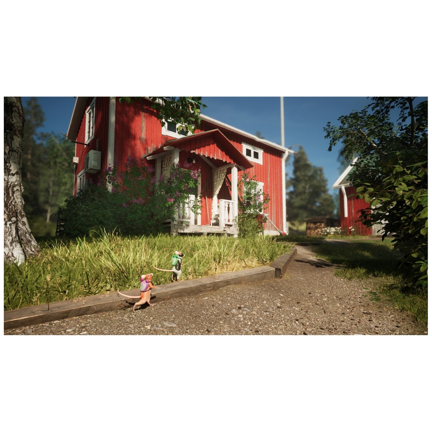 Two small mice wearing backpacks stand on a path before a red wooden rural house.