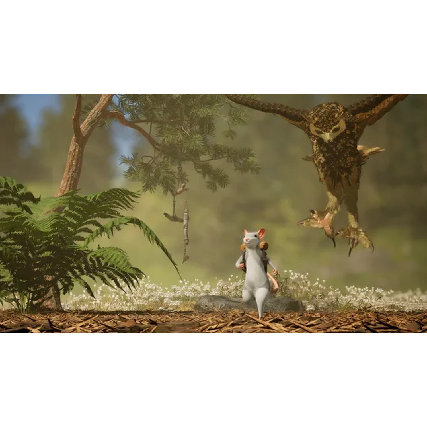 A small white mouse with a backpack runs in a forest while a large owl swoops down from above.