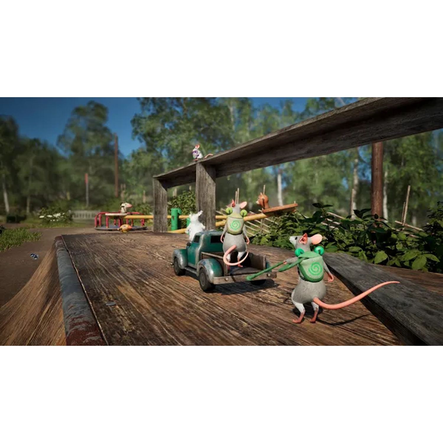 Mice with green backpacks play near a toy truck on a wooden platform in a sunny outdoor playground setting.