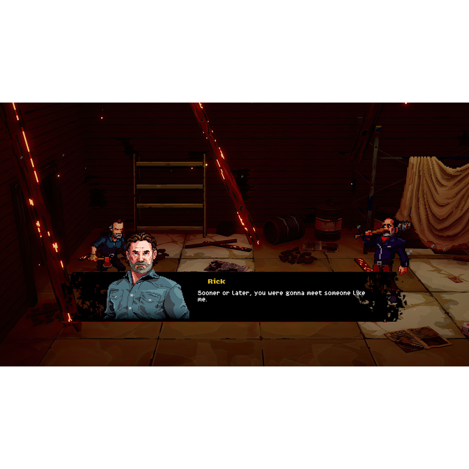 Pixel art scene in a dark room with Rick in the foreground, speaking to another character.