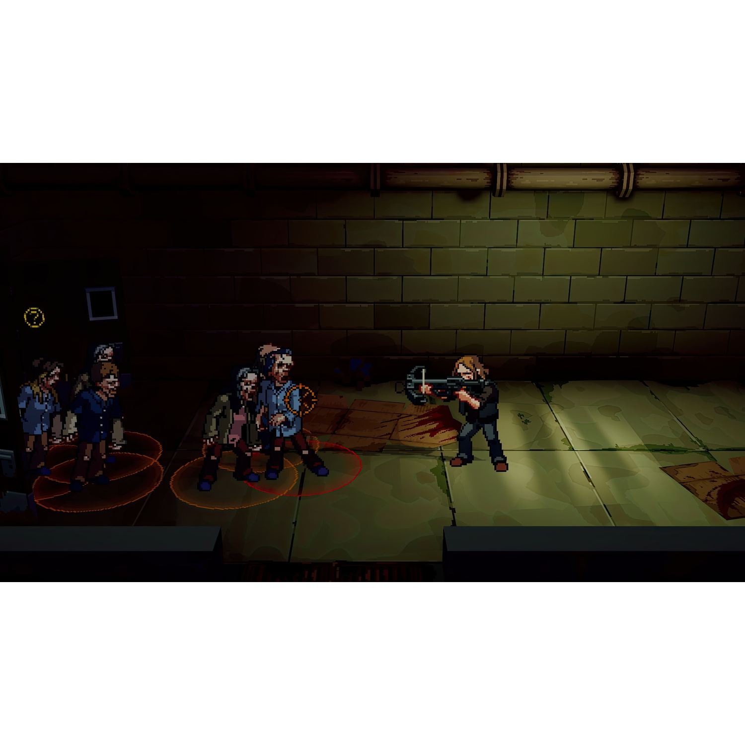 Pixel-huurling vecht tegen meerdere zombies met een kruisboog in een donkere kamer.