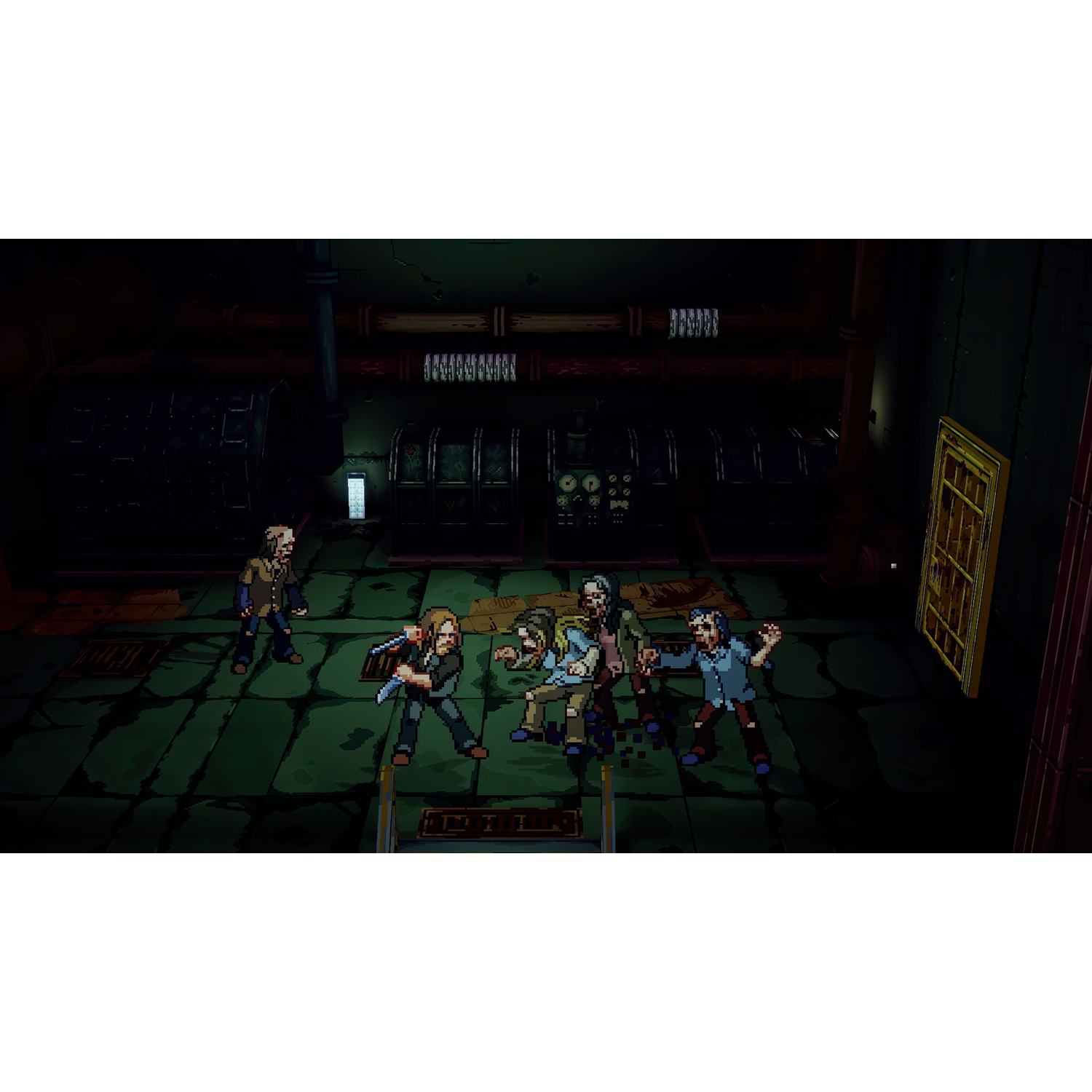 Pixel art characters fight zombies in a dark, industrial room with pipes and crates in the background.