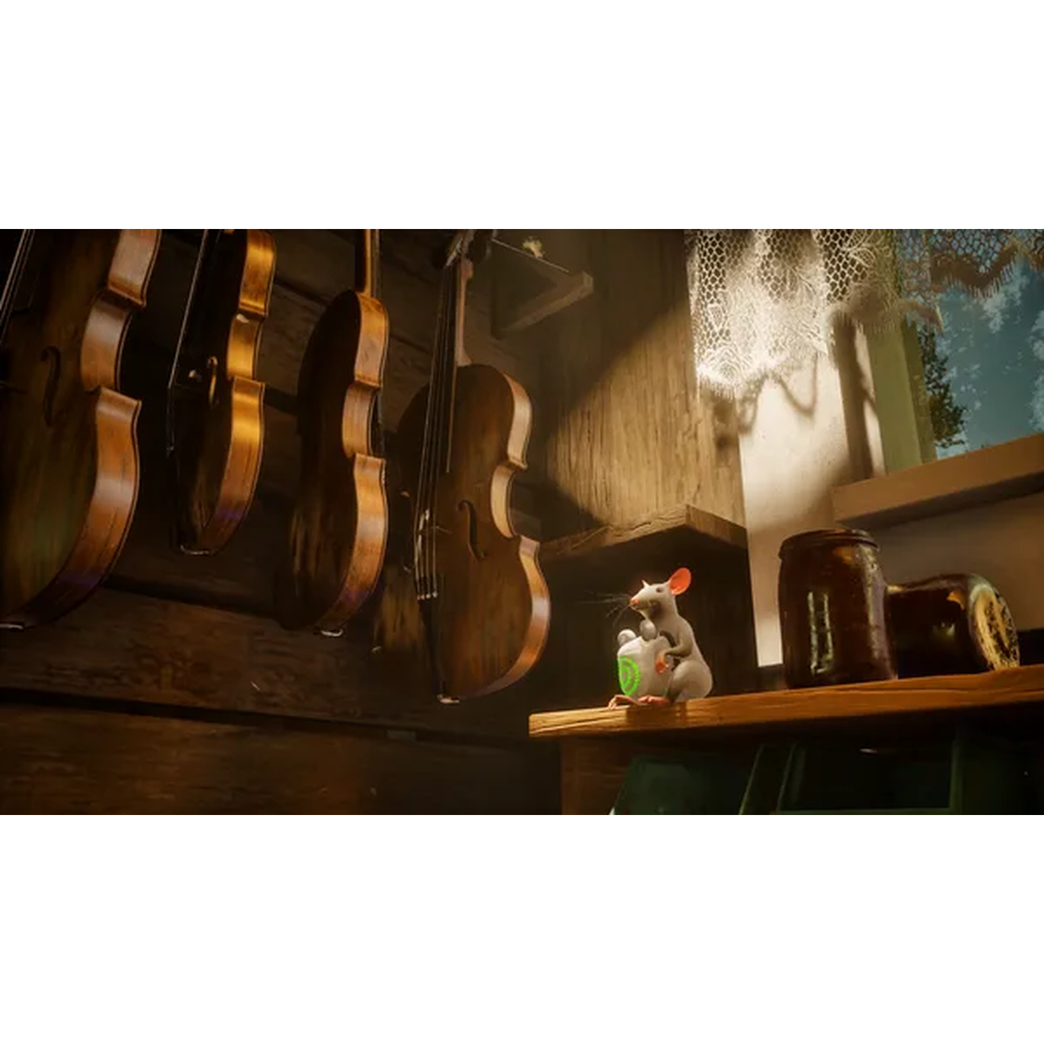A small mouse sits on a wooden bench in a workshop with violins and jars.