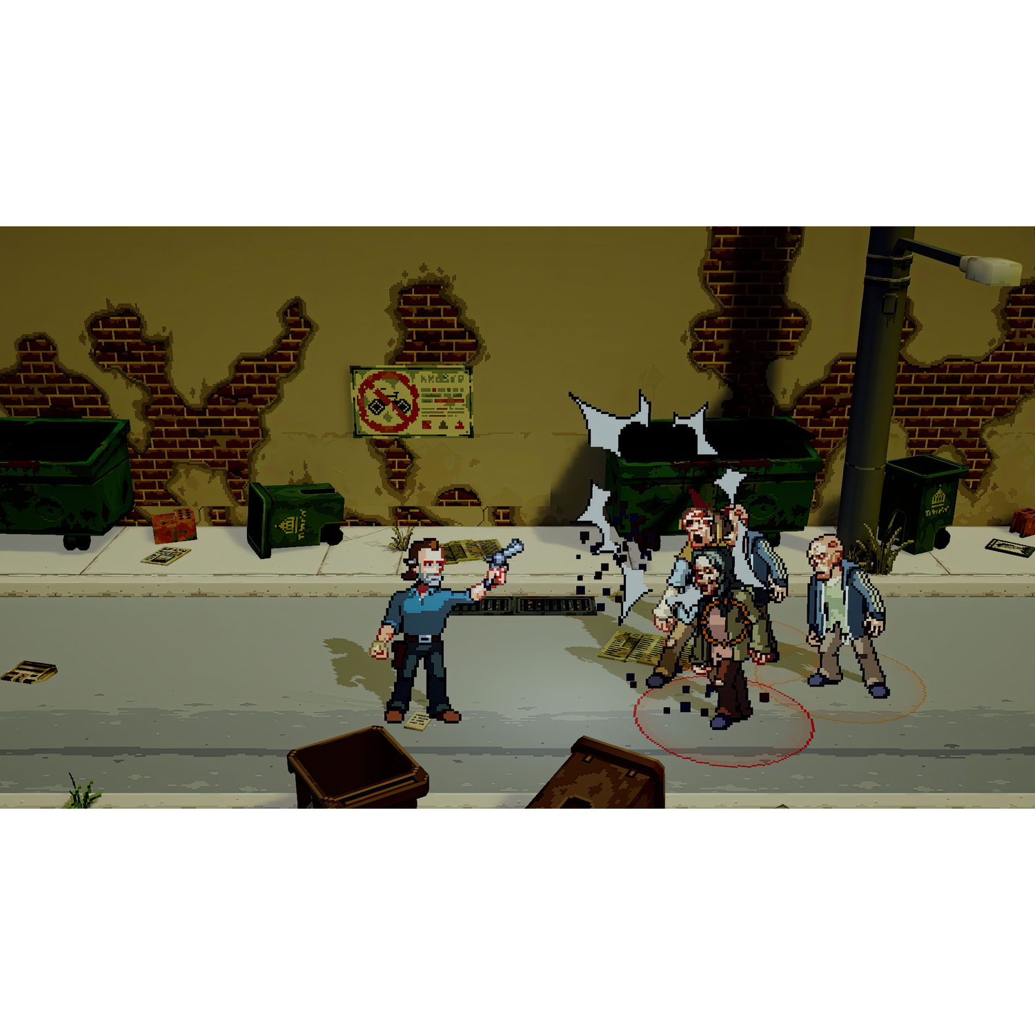 Pixel art scene of a man in blue shirt shooting at a group of zombies on a city street.