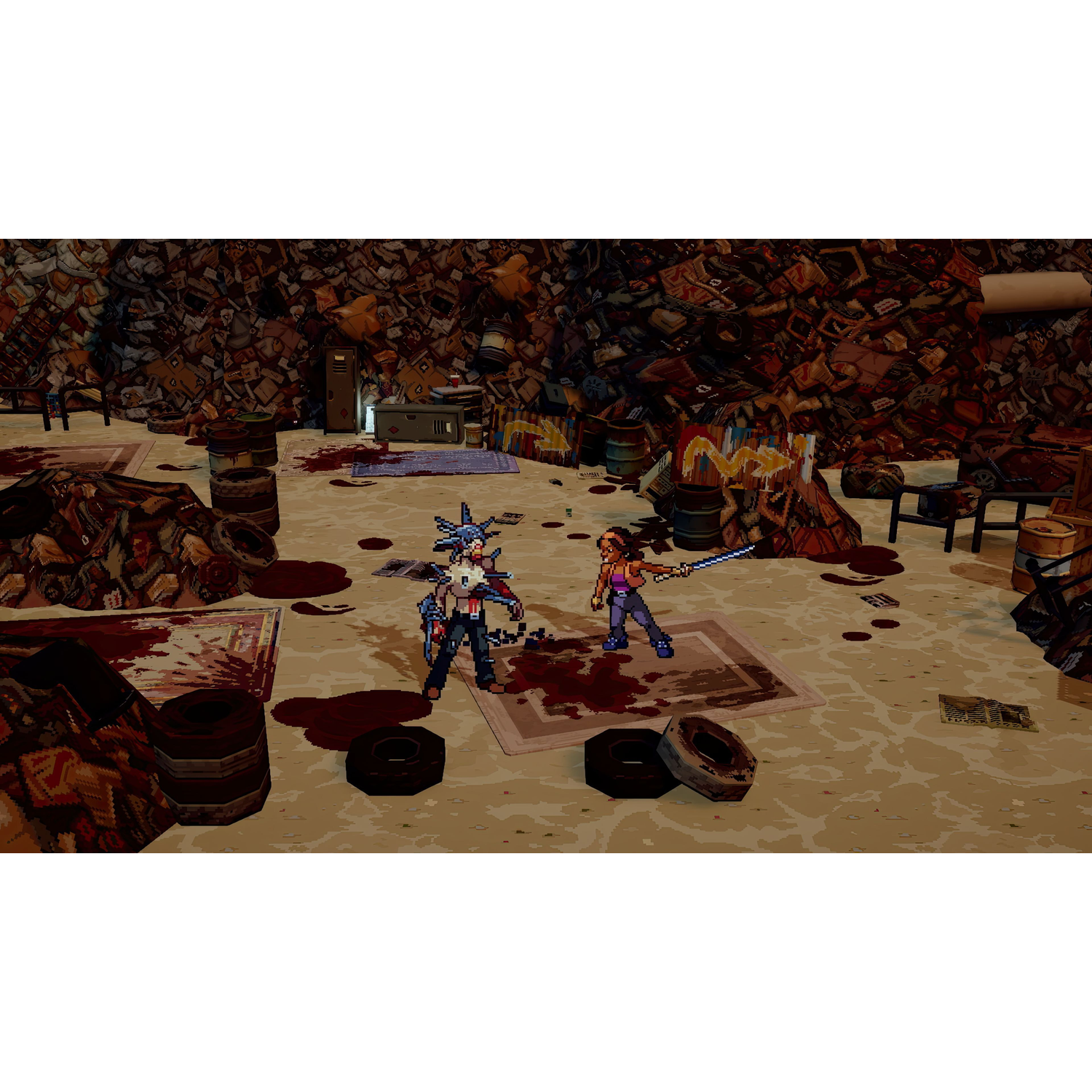 Two pixel characters face each other in a scrapyard full of debris and blood.