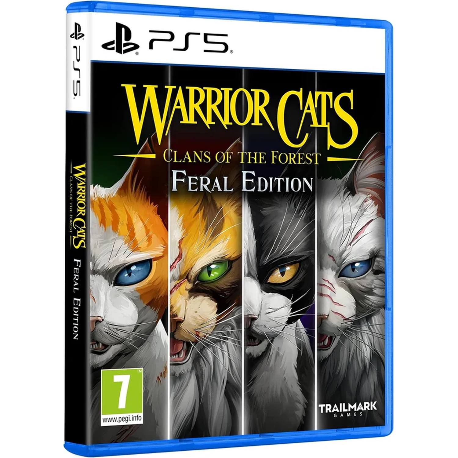 PS5-gamehoesje voor Warrior Cats met vier geïllustreerde katten met intense blikken.