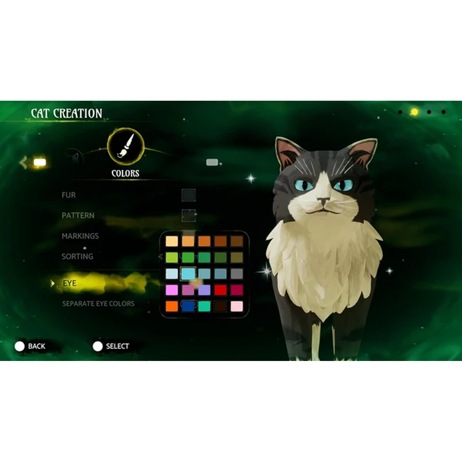 Kattengeneratormenu met opties voor kleur, vacht en ogen tegen een groene achtergrond.
