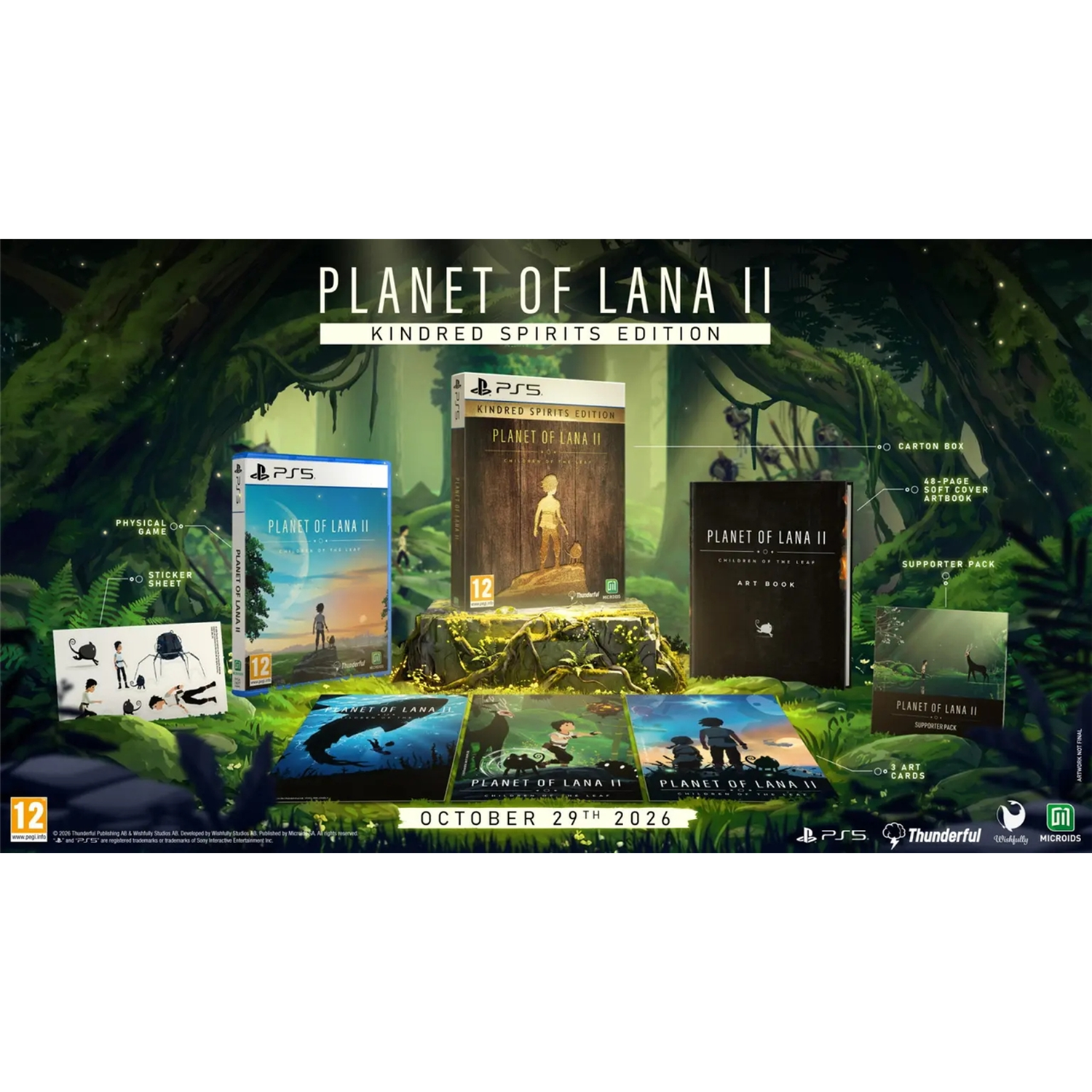 Planet of Lana II Kindred Spirits Edition voor PS5 met game, doos, artbook, stickerblad en kaarten.