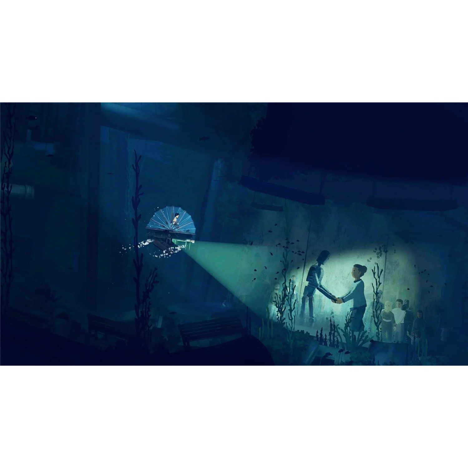 Onder water schijnt een spotlight op een robot en een mens die hand in hand staan.