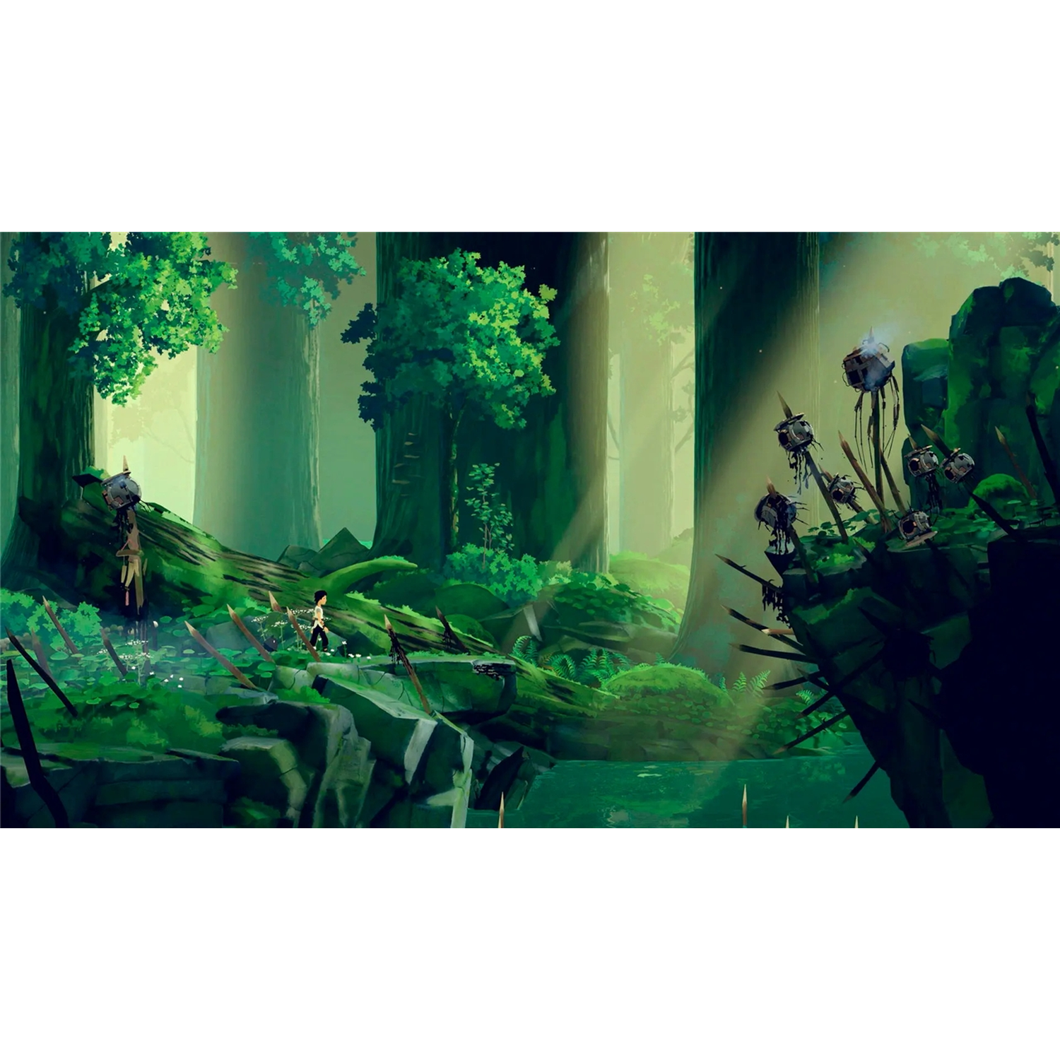 Een personage loopt door een weelderig, groen bos vol grote bomen, oude ruïnes en hangende lantaarns.
