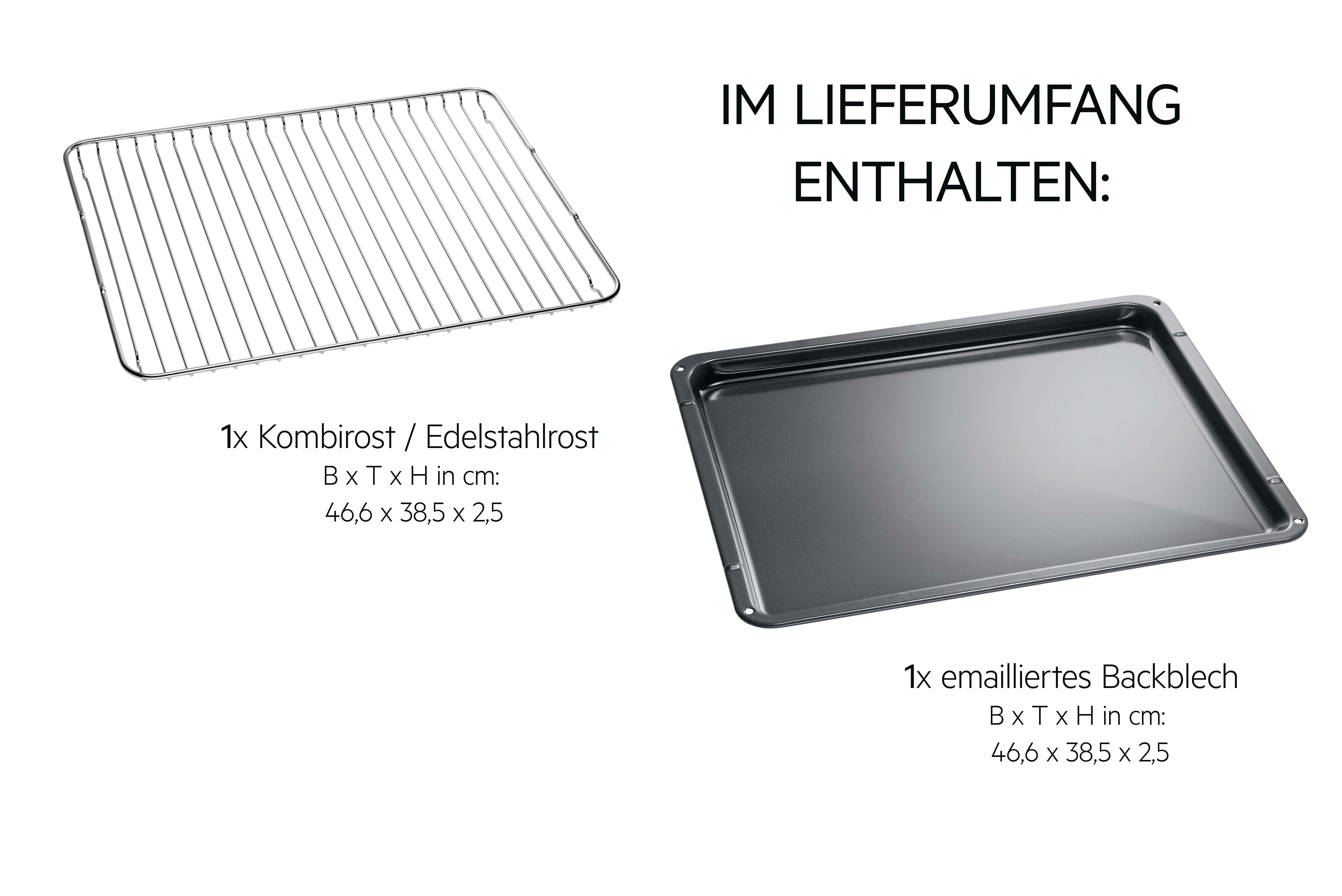 Edelstahlrost und emailliertes Backblech mit Maßen auf weißem Grund.