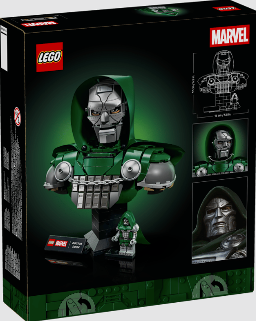 Lego Marvel Doctor Doom Büste Set Box mit großer Figur, Minifigur und Namensschild.
