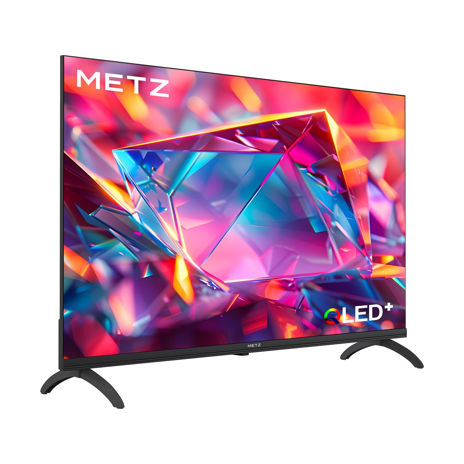 Una smart TV Metz QLED+ mostra una grafica astratta e colorata con forme di cristallo.