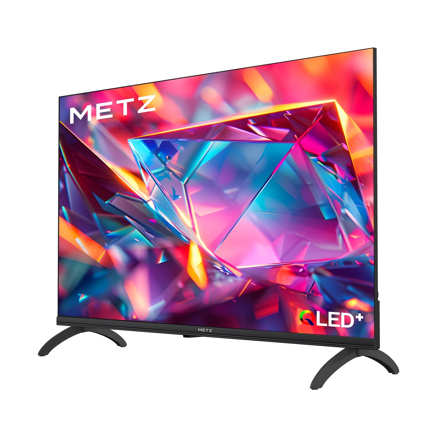 Una TV a schermo piatto Metz su piedini curvi mostra un vivace e colorato motivo astratto su sfondo bianco.