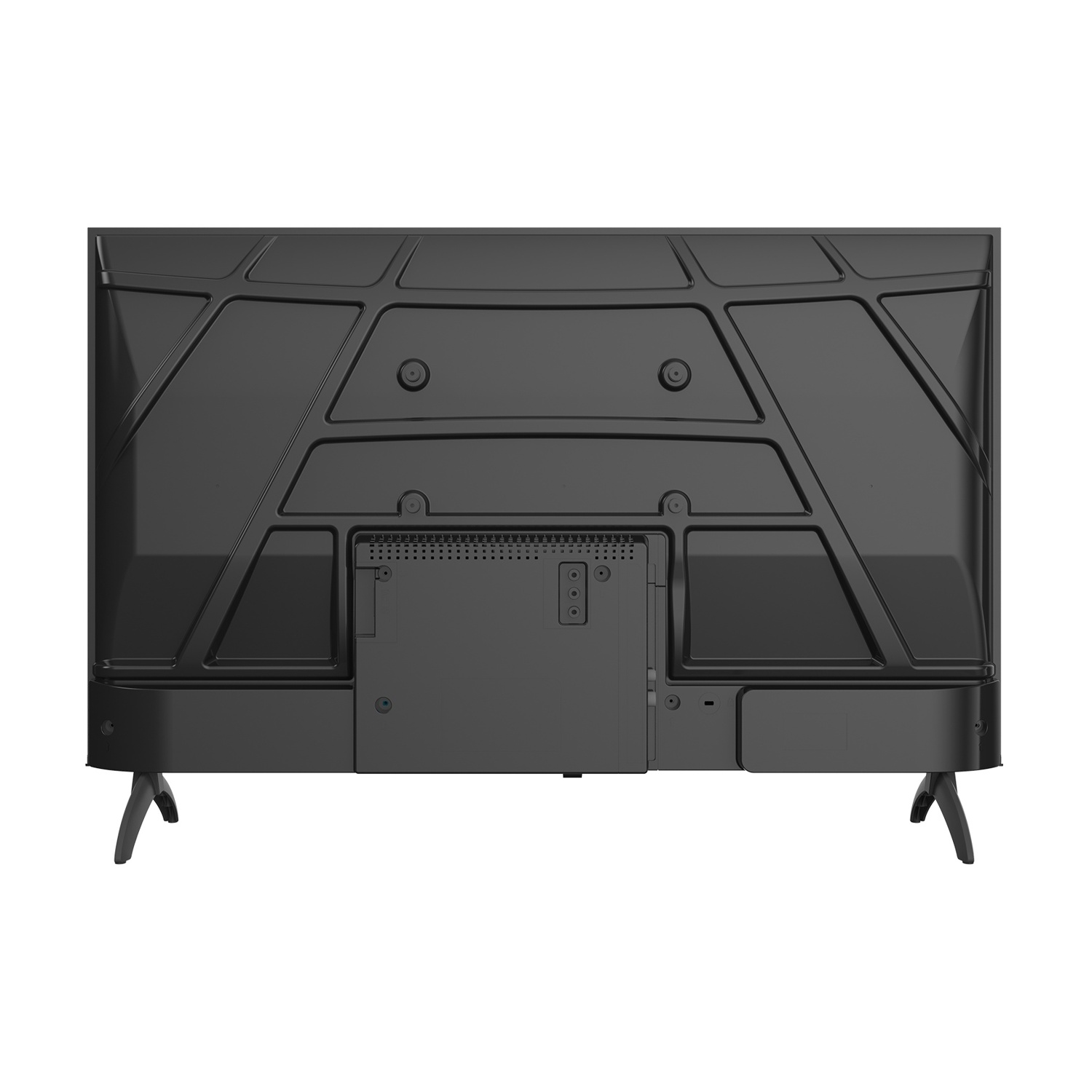 Vista posteriore di una TV nera con pannelli strutturali, porte al centro in basso e due gambe angolate.