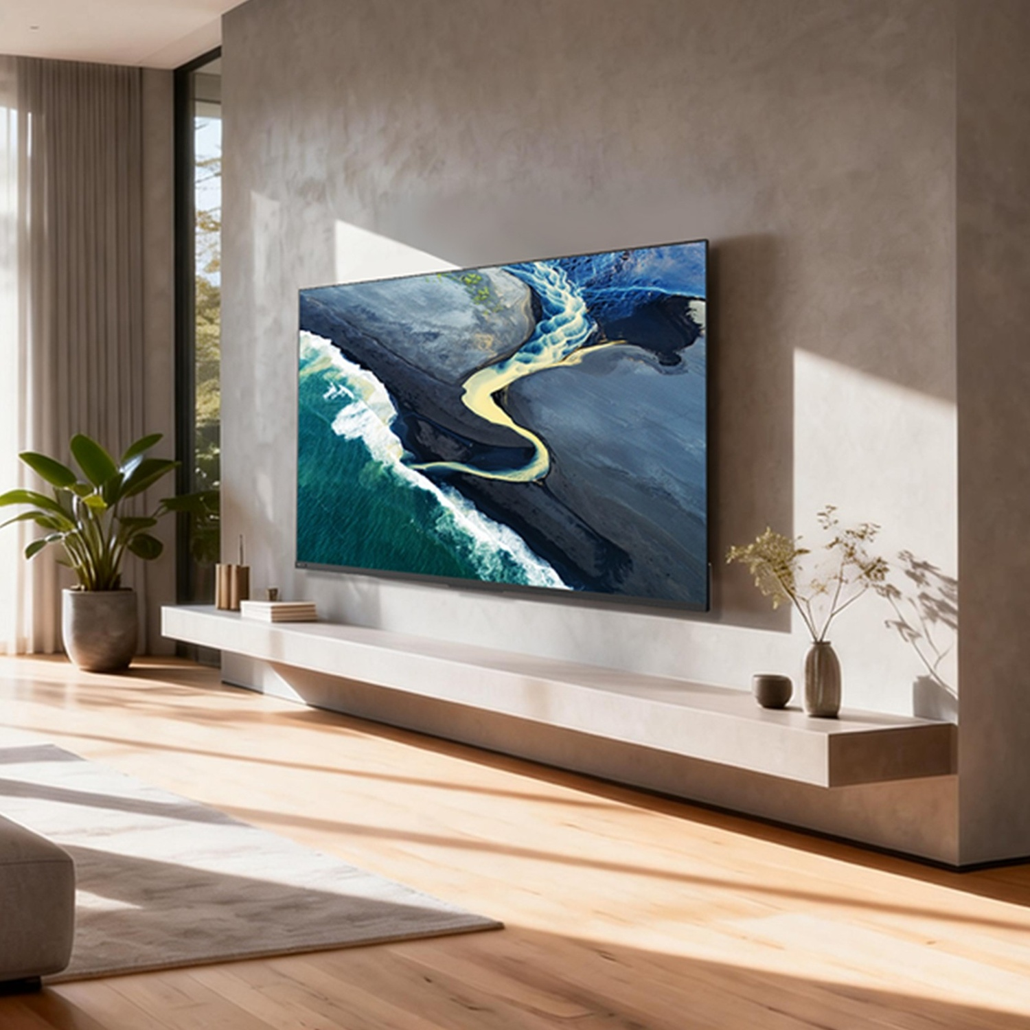 Una grande TV con vista aerea di un fiume è montata su una parete di cemento grigio sopra una mensola.