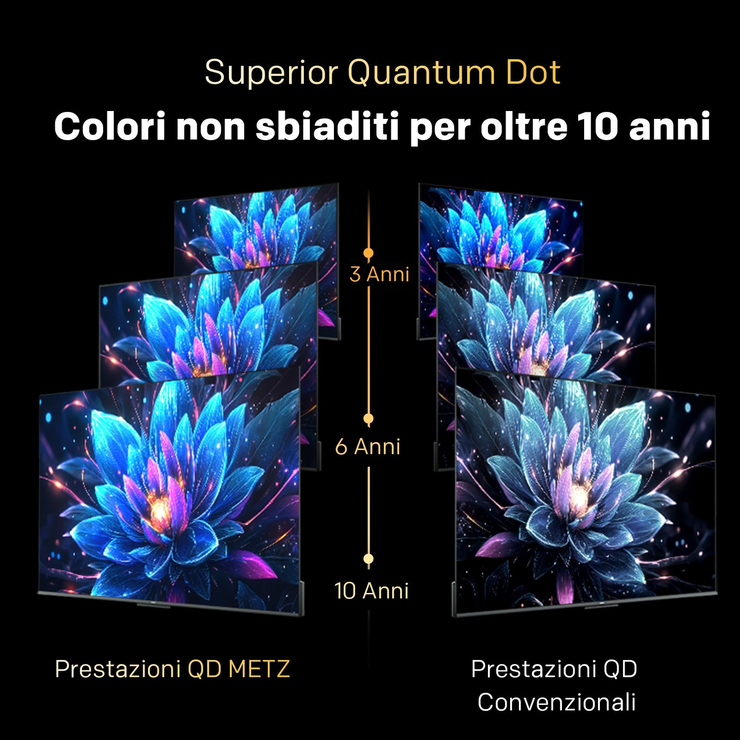 Confronto tra display QD METZ e convenzionali con grafica di fiori blu in 10 anni.