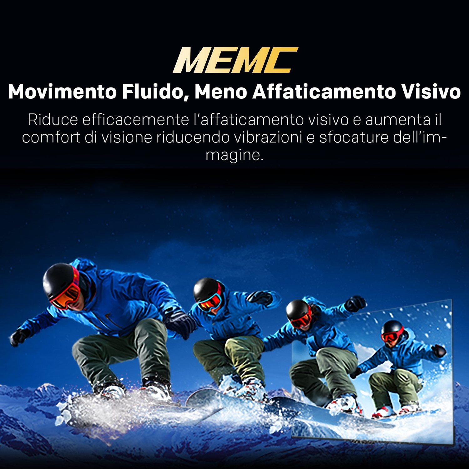 Una sequenza di movimento mostra snowboarder su montagne innevate con testo MEMC.