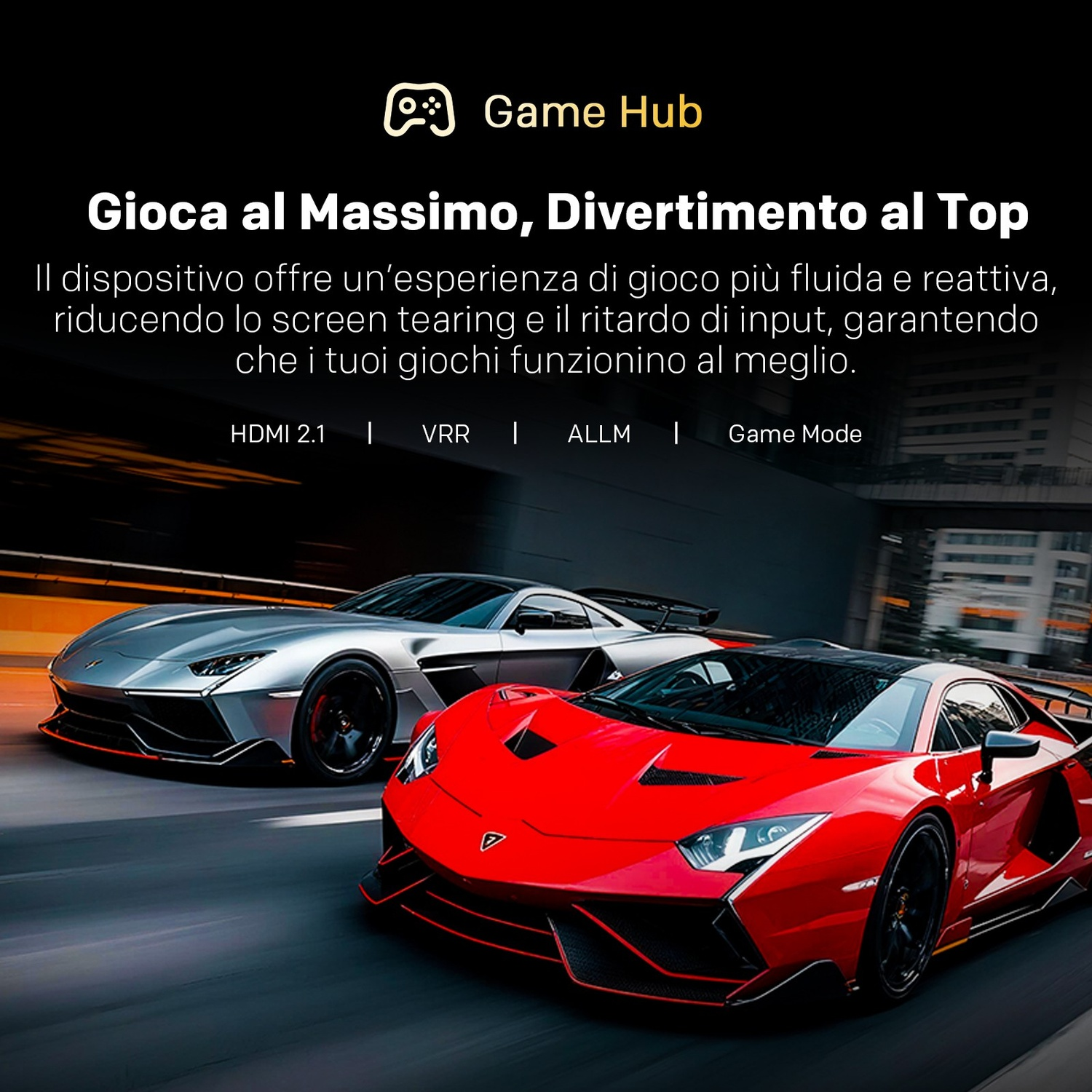 Auto sportive rosse e argentate in gara su strada con testo.