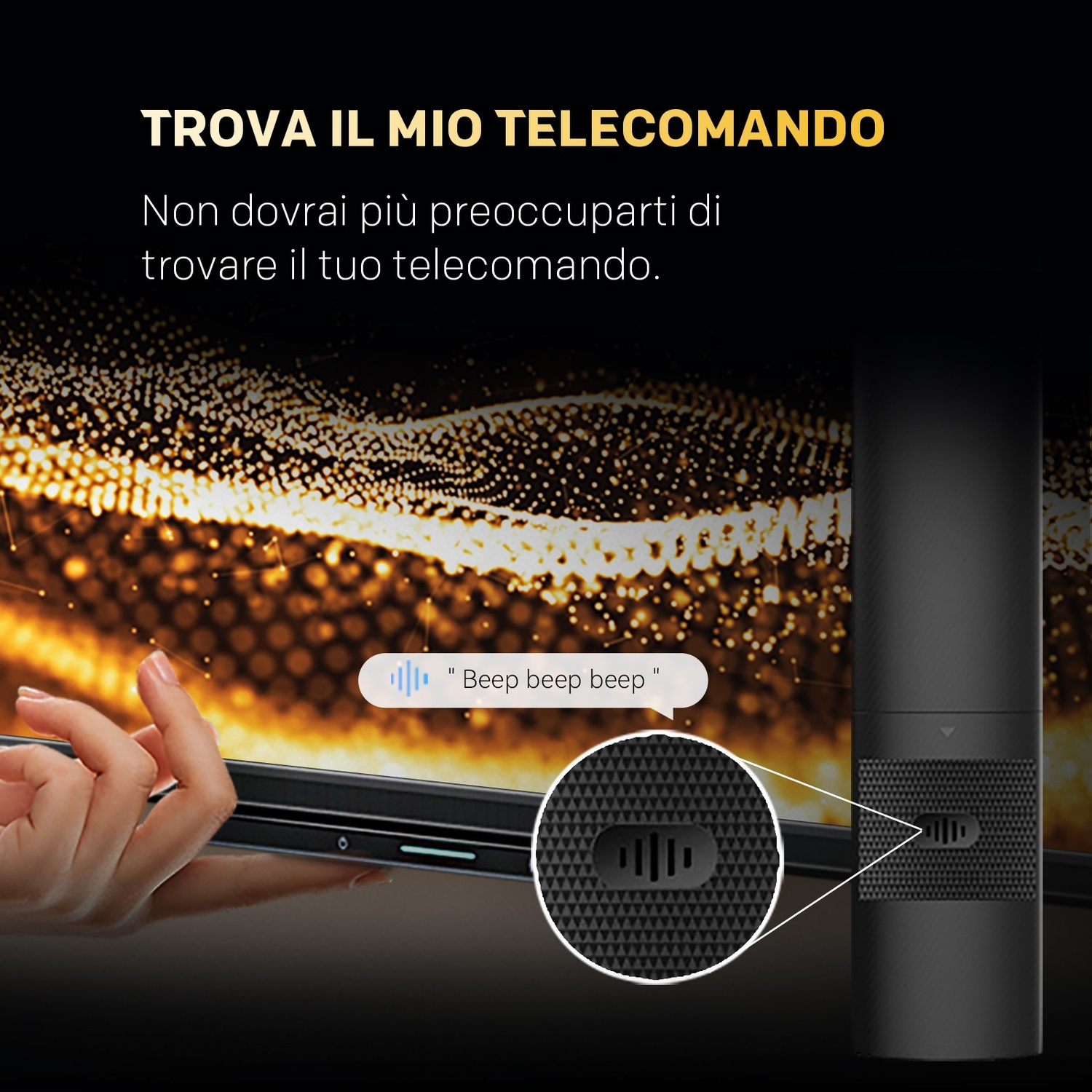 Primo piano di un telecomando con altoparlante, testo in italiano e fumetto con Beep beep.