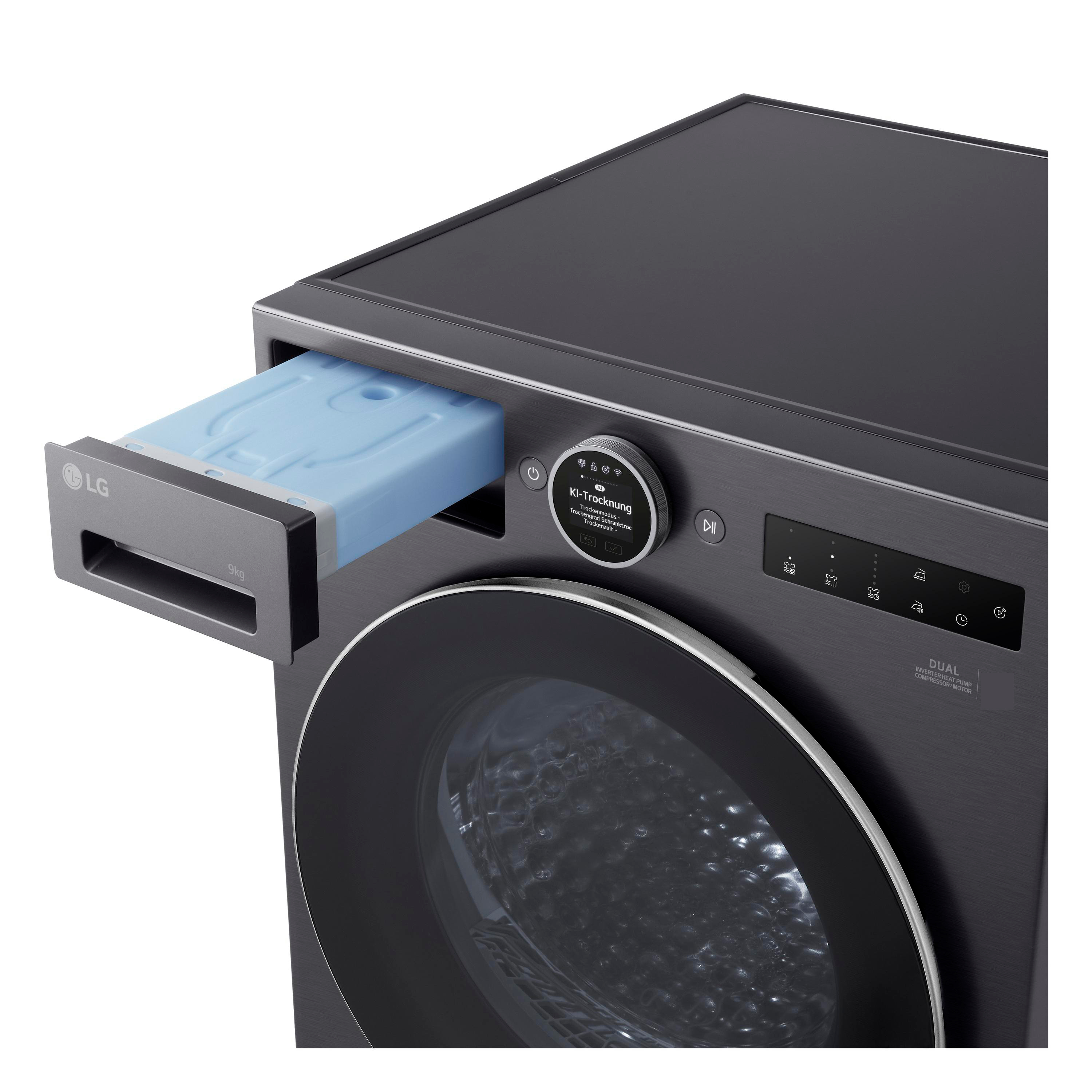 Dunkler LG-Trockner mit geöffneter blauer Kondensatschublade und digitalem Display.