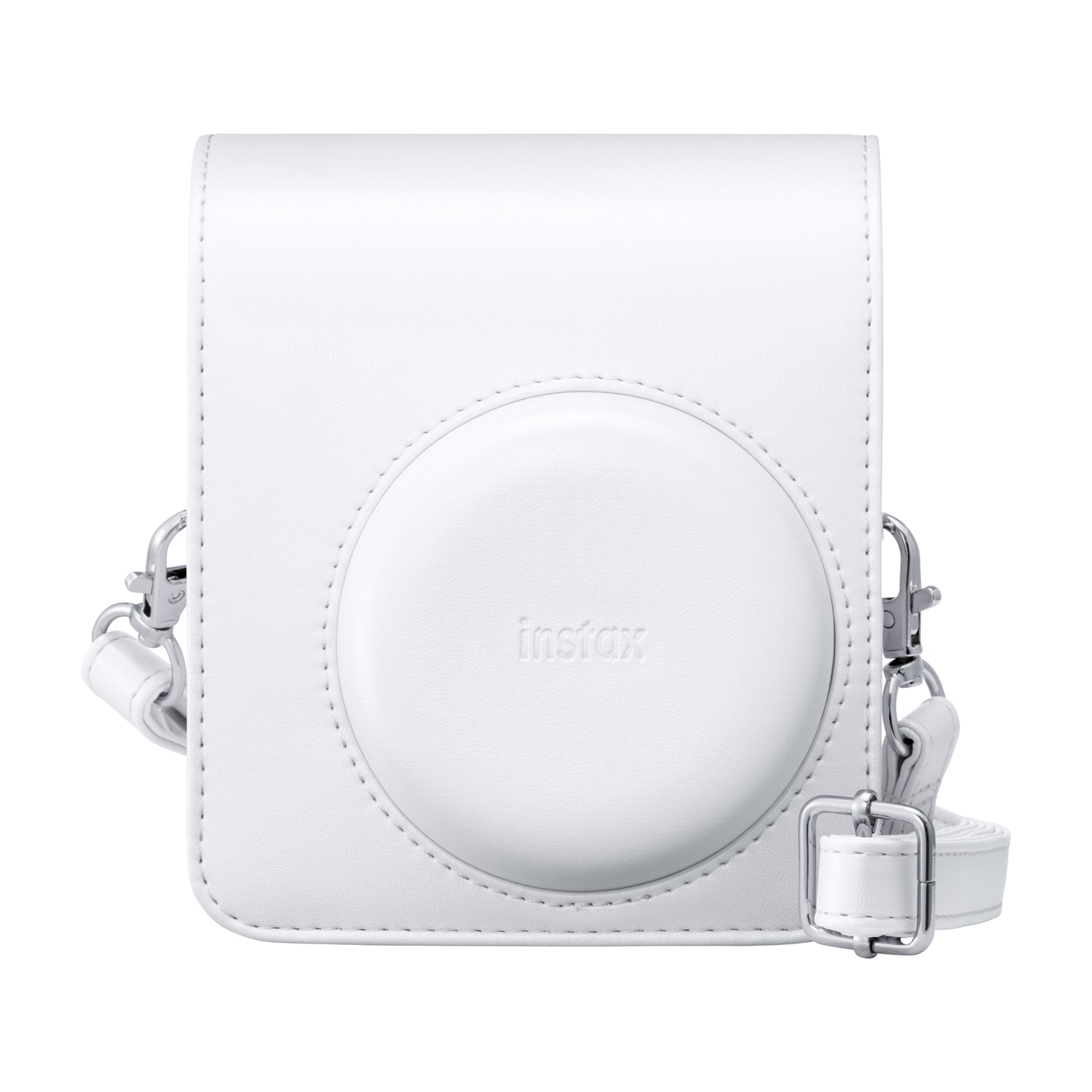 Una custodia per fotocamera Instax in pelle bianca con tracolla rimovibile e chiusure in metallo argentato su sfondo bianco.