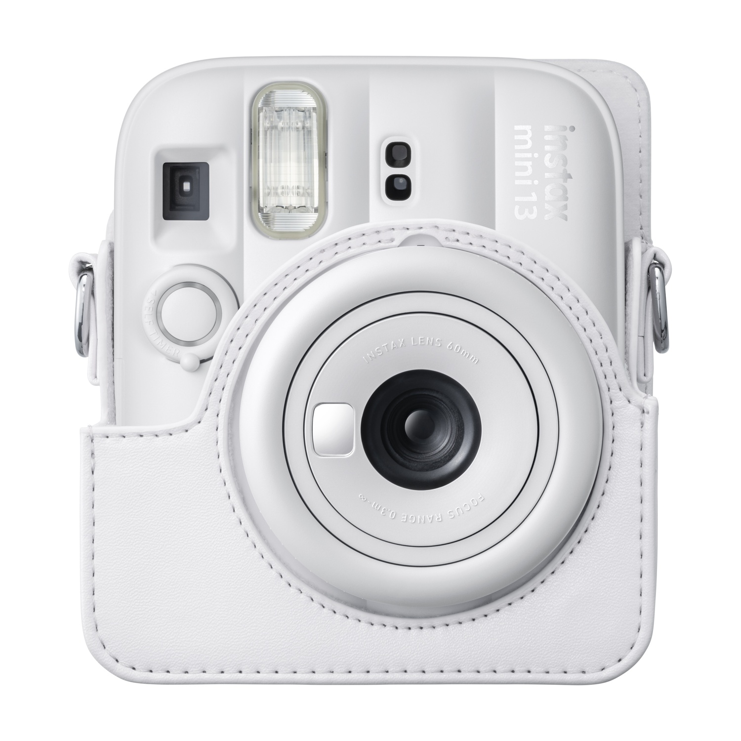 Una fotocamera istantanea Instax Mini bianca in una custodia in pelle bianca abbinata su sfondo bianco.