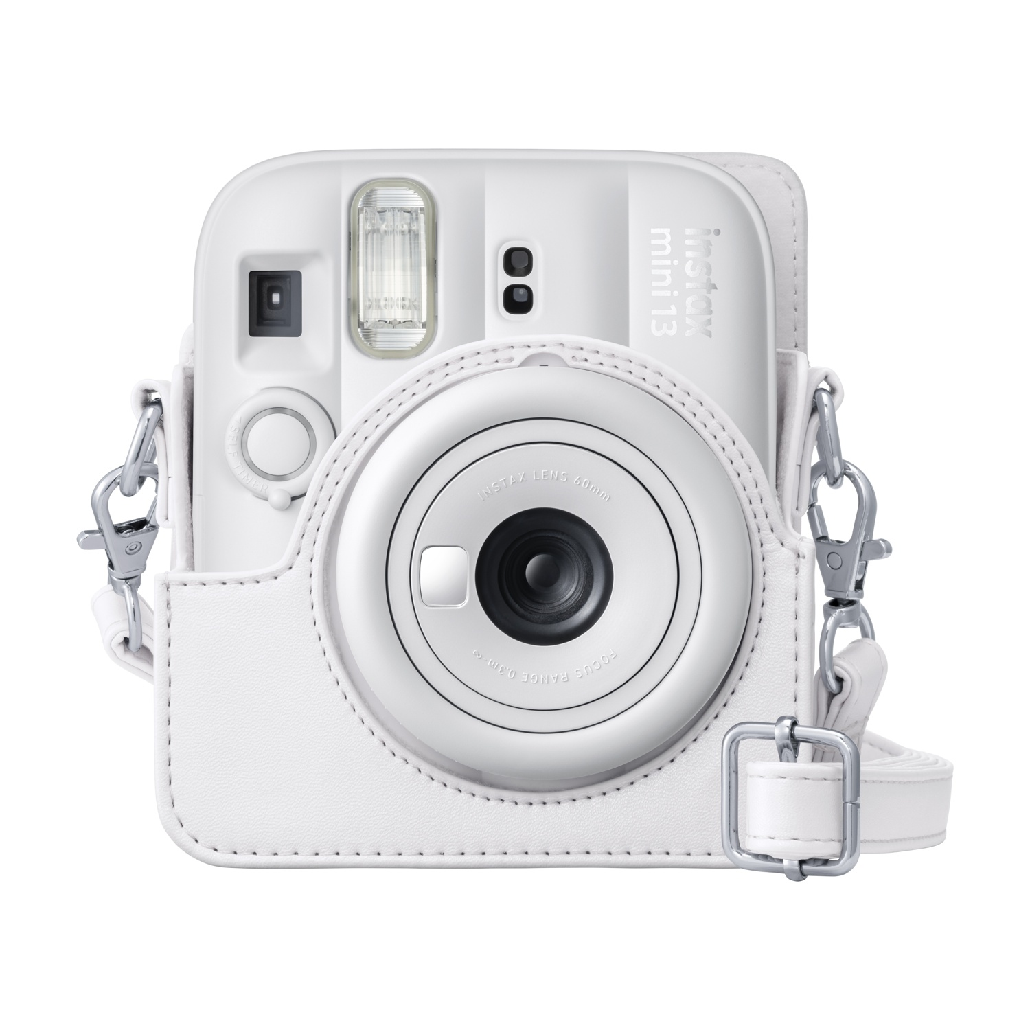 Una fotocamera Instax Mini 12 bianca dentro una custodia in pelle bianca abbinata con tracolla.