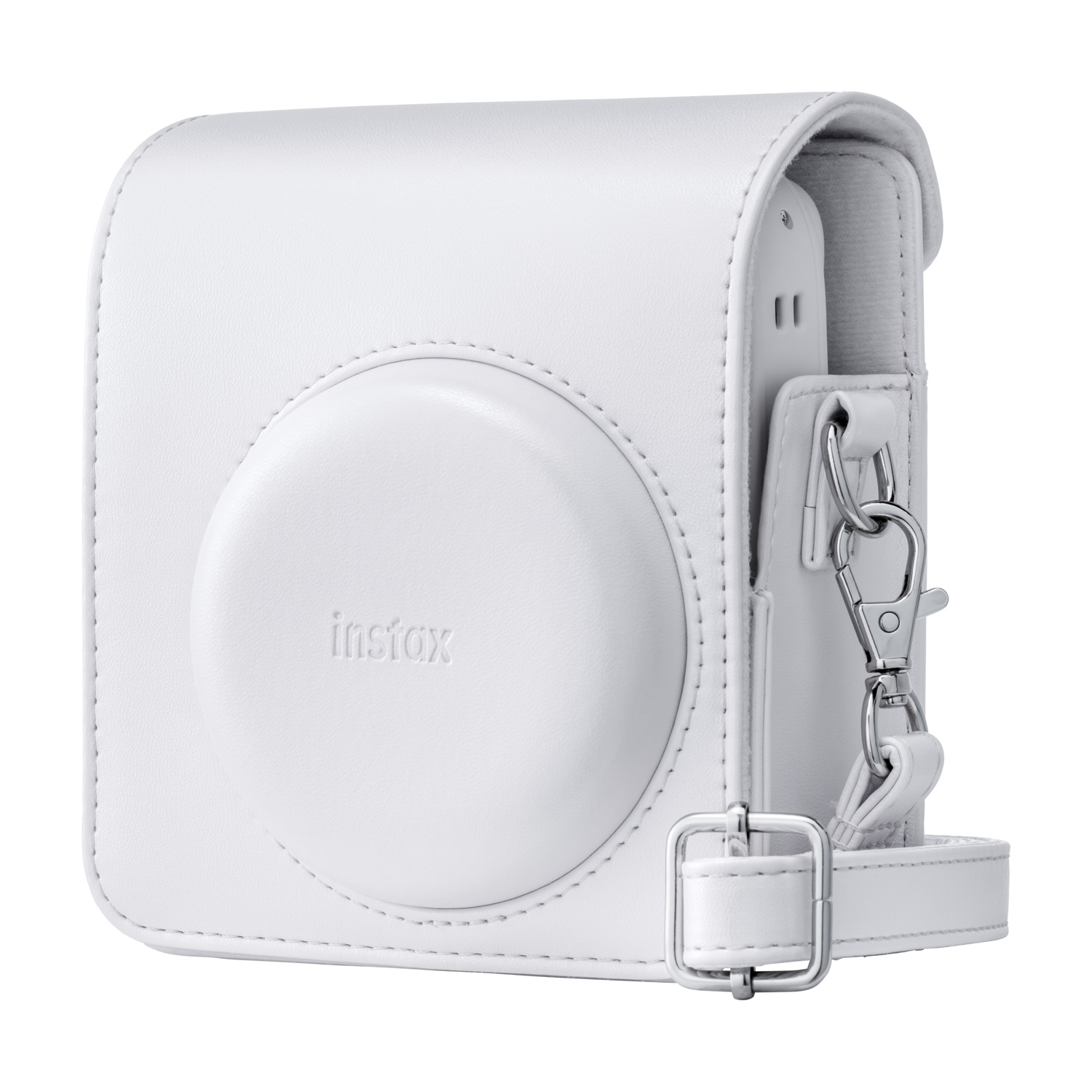 Una custodia per fotocamera Instax in pelle bianca con chiusure in metallo su sfondo bianco.