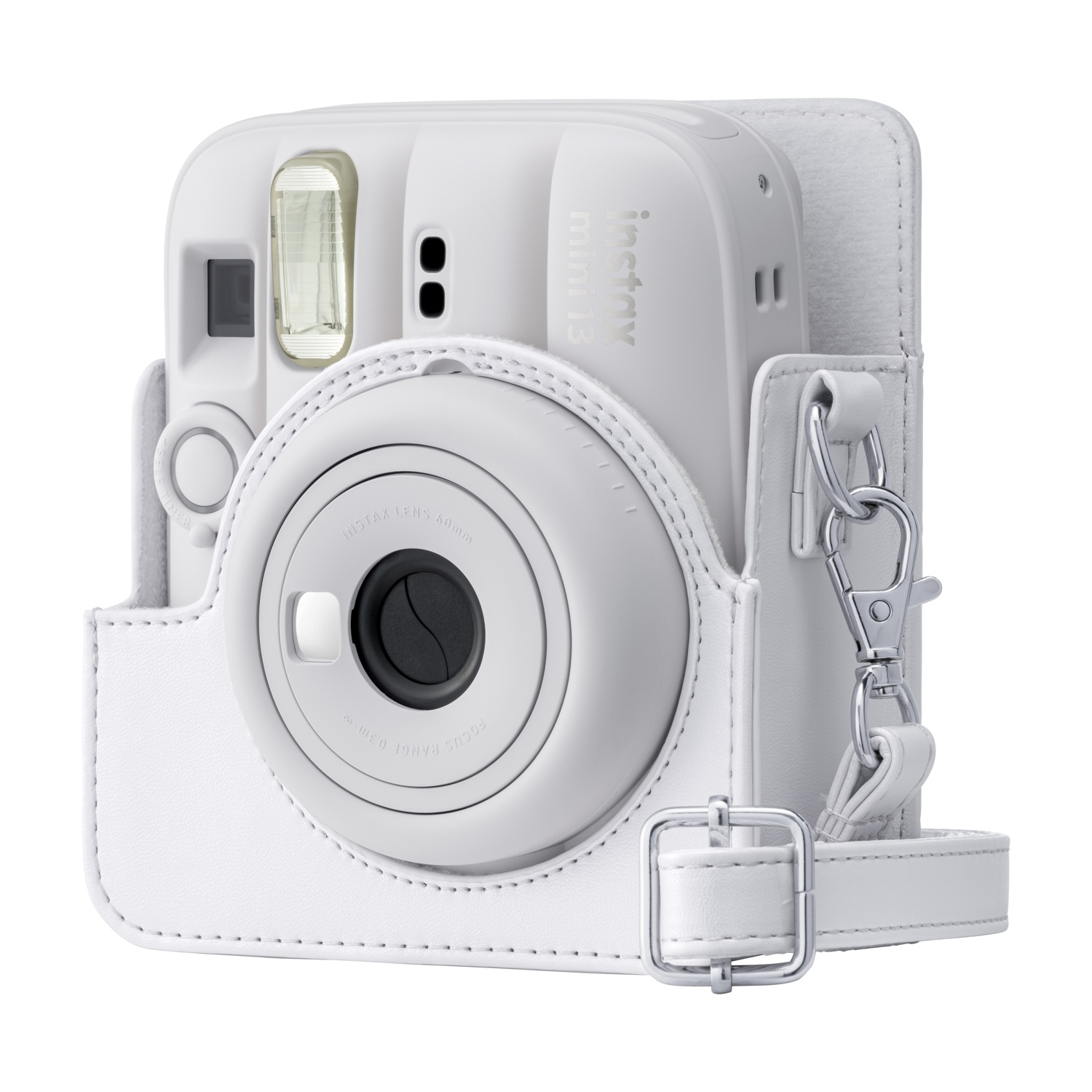 Una fotocamera bianca Instax Mini 12 in una custodia in pelle bianca coordinata con tracolla.