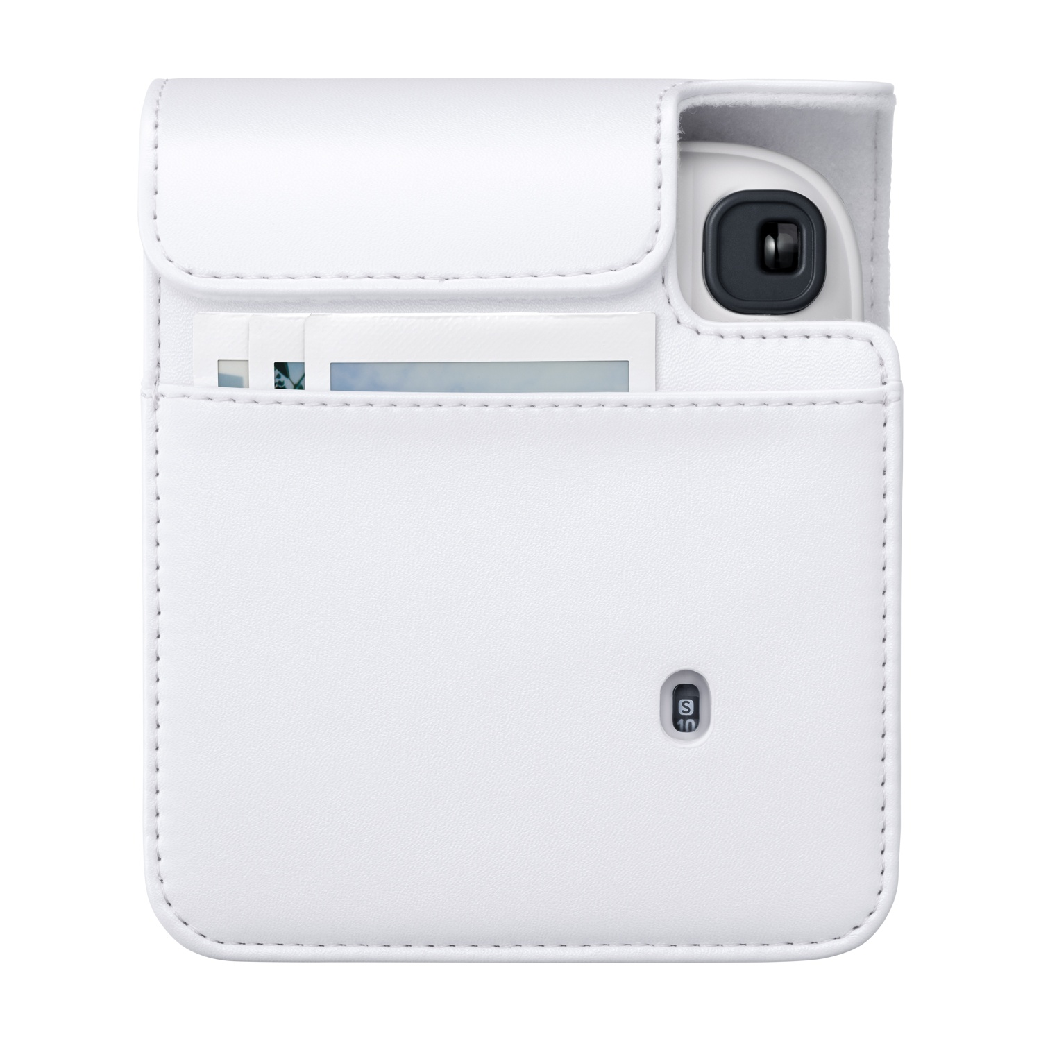 Una custodia per fotocamera in pelle bianca con foto inserite e mirino visibile.