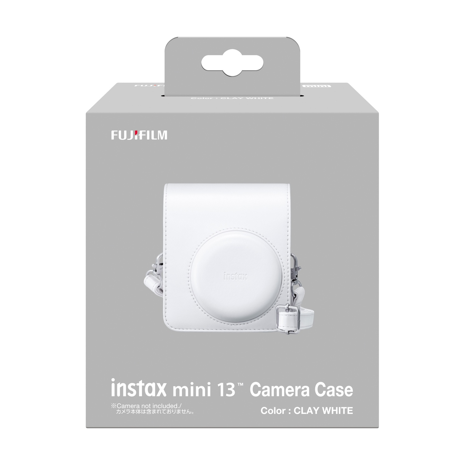 Una scatola grigia per custodia fotocamera Fujifilm Instax Mini 13 in bianco.